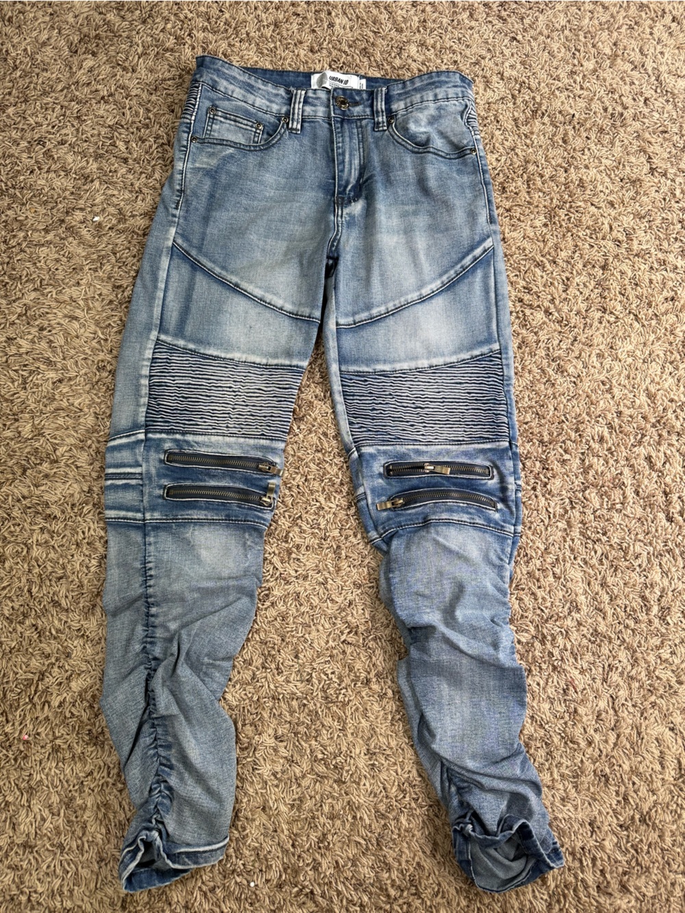 Urban ID - Men's Skinny Biker Moto Jeans - Light Medium Wash-(size small)